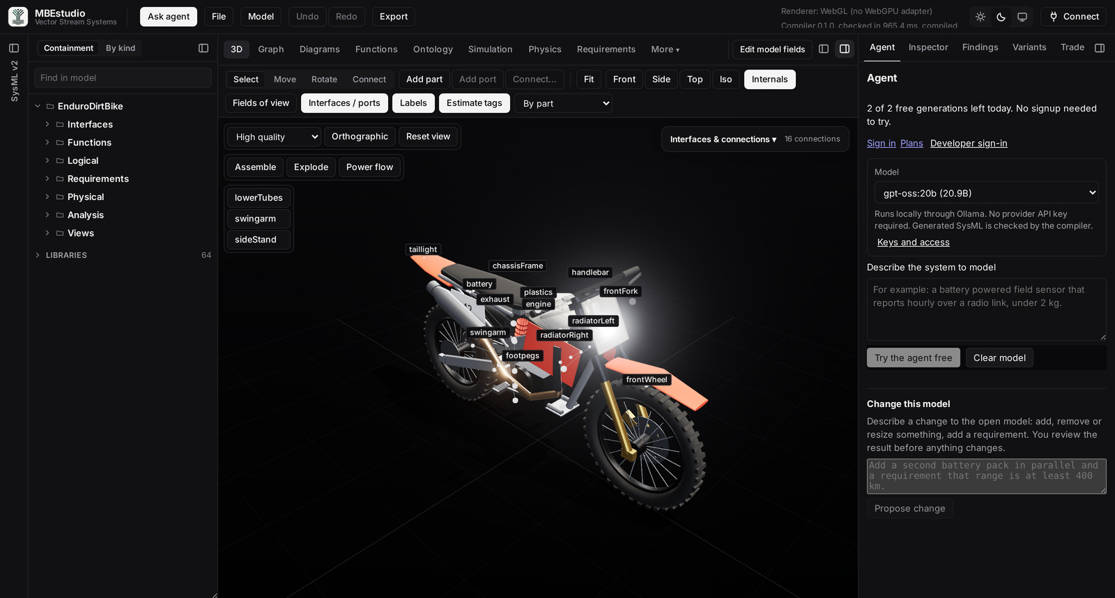 The enduro dirt bike in MBEstudio, with the 3D model and Agent panel visible.